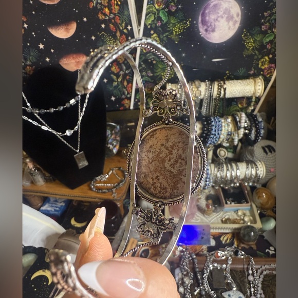 925 Plated Laguna Lace Agate Adjustable Cuff Bracelet - Picture 3 of 4